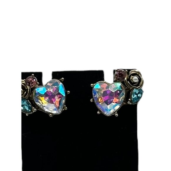 Heart Shaped Rhinestone Gold Tone Floral Stud Earrings With Iridescent Crystal - Picture 4 of 10